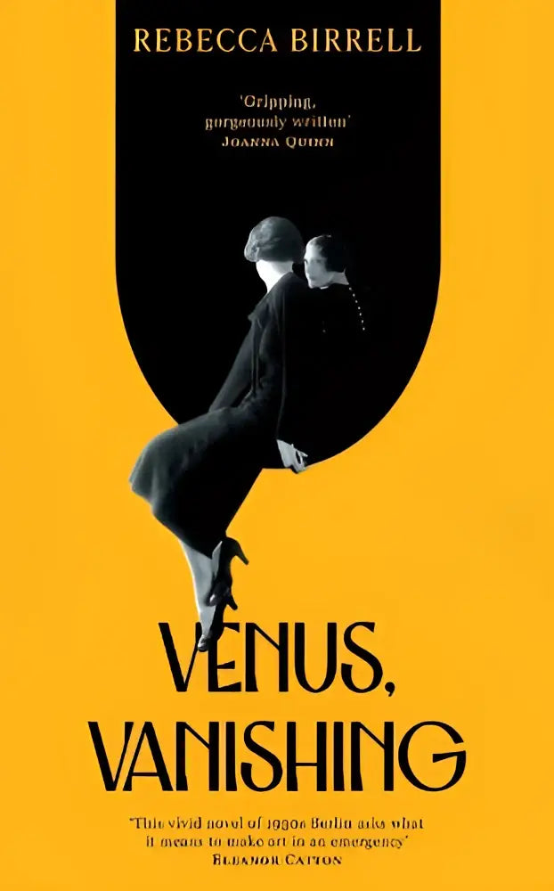 Boekomslag van venus vanishing met zwart-witte silhouetten van twee vrouwen op een gele achtergrond