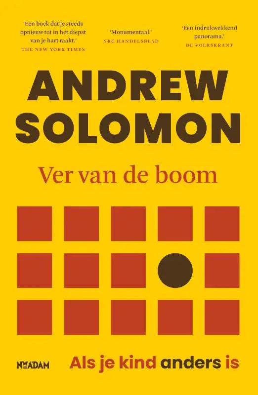 Helder geel boekcover van ver van de boom met zwart en rood vetgedrukt tekst en rode vierkanten grid door park uitgevers