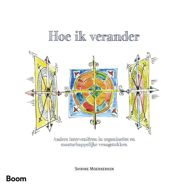 De voorkant van het boek hoe ik verander met een kleurrijk cirkelontwerp en gele panelen met pijlen