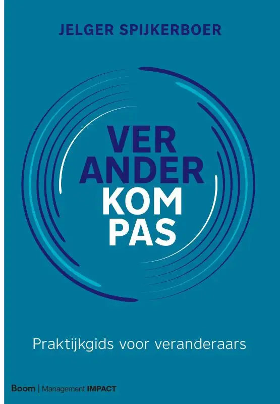 Blauw boek veranderkompas met concentrisch cirkeldesign en witte tekst door jelger spijkerboer voor veranderaars