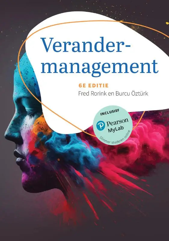 De boekcover van Verandermanagement toont een gestileerd mensenprofiel met blauwrode, draaiende kleuren en een witte ovale titelplaats