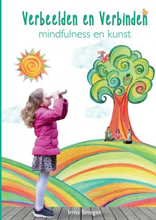 De voorzijde van het boek verbeelden en verbinden door irma smegen toont een illustratie met een meisje in een roze jas op een houten dek
