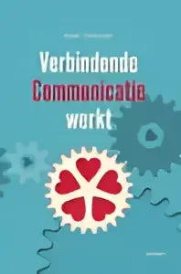Graphic design with interlocking gears and german text verbindende communicatie werkt on teal background