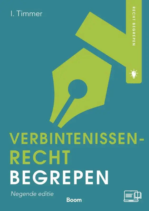 Het boek verbintenissenrecht begrepen van koninklijke boom uitgevers toont een limegroene vulpen op een teal achtergrond