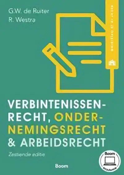 Groen boek met gele afbeelding van document en potlood getiteld verbintenissenrecht ondernemingsrecht en arbeidsrecht van g.w. uitgegeven door koninklijke boom uitgevers