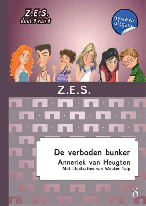 De cover van het kinderboek de verboden bunker toont zes diverse cartoonpersonages op een paarsgrijze achtergrond