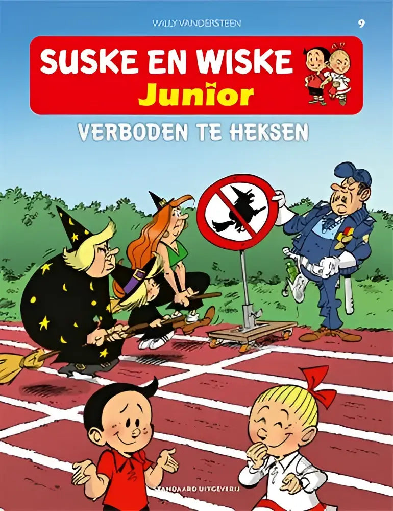 De cover van suske en wiske junior verboden te heksen toont een race met heksen, een agent en kinderen