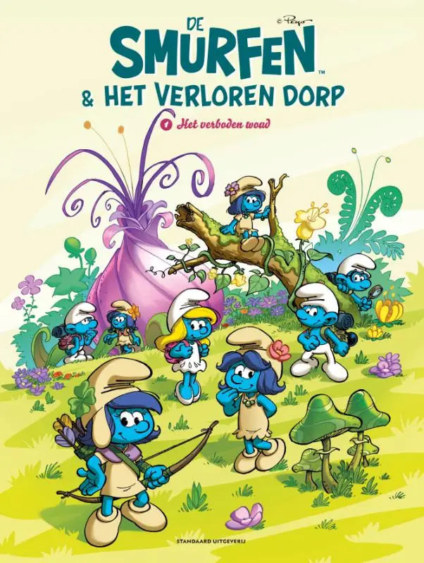 De cover van de smurfen comic het verboden woud toont blauwe karakters in witte hoeden in een kleurrijk verloren dorp