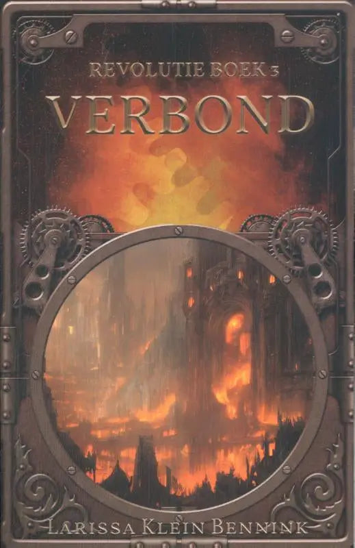 Steampunkstijl boekcover Verbond met metalen tandwielen en ronde raam met oranje verlichte stadsgezicht