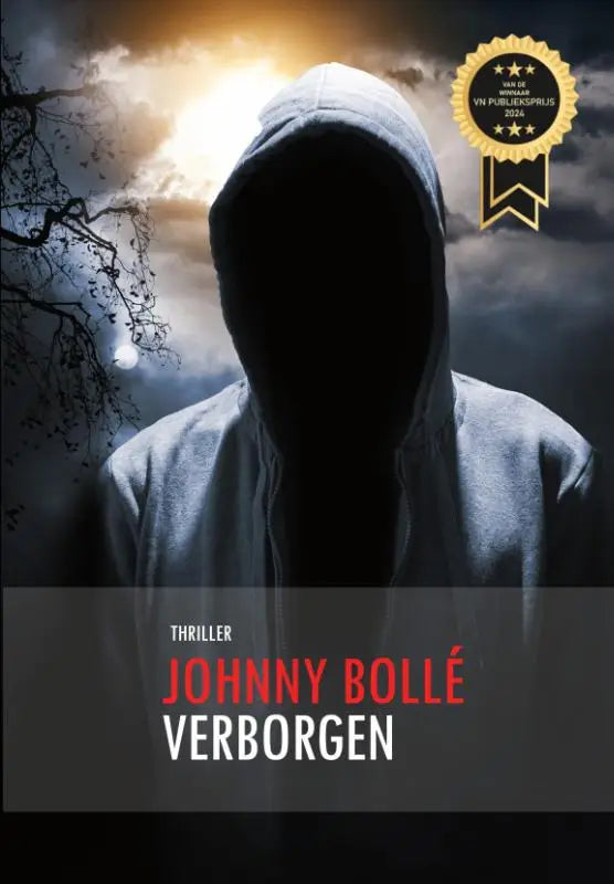Het boek verborgen van johnny bollé toont een donkere, gehulde figuur tegen een sombere lucht met rode en witte titellettertype