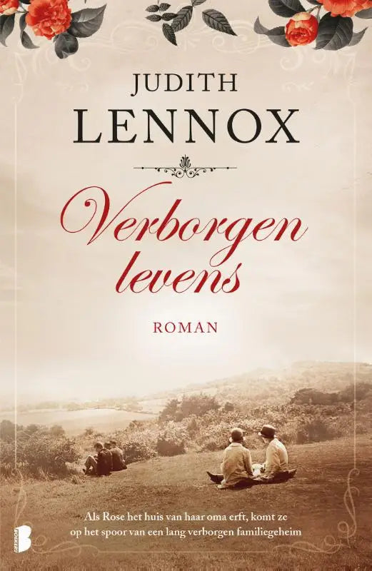 Boekcover van verborgen levens met sepia illustratie van twee personen op heuvels en rood-zwarte bloemmotieven over oma erft en verborgen familiegeheim