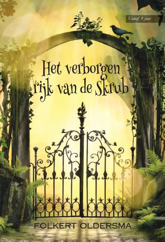 Het verborgen rijk van de Skrub toont een zwart smeedijzeren poort met sierlijke krulpatronen tegen een gele achtergrond