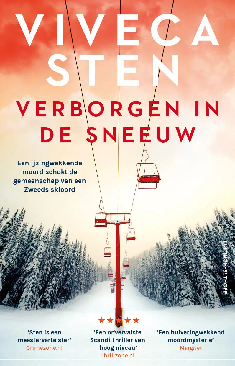 Rode skiliftstoel opgehangen tegen een besneeuwde berg achtergrond verbogen in de sneeuw met Åre moorden thema