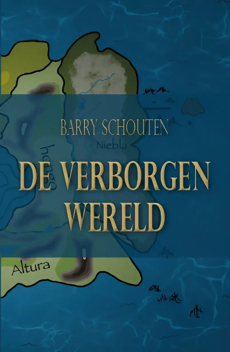 De verborgen wereld boek met gestileerde kaart in geel en groen op diepblauwe achtergrond door barry schouten