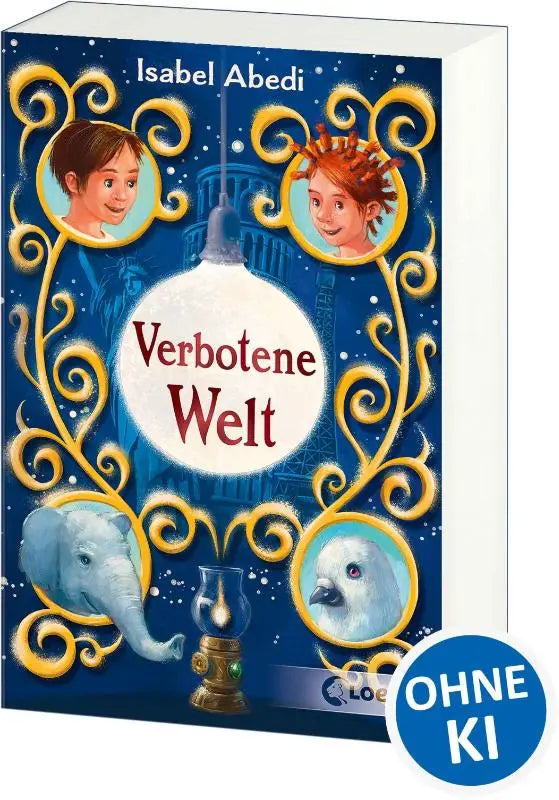 Blauwe hardcover boek verbotene welt met gouden ornamenten en illustraties van kinderen en dieren rondom een gloeiende bol voor een spannend fantasyavontuur voor kinderen vanaf 10 jaar