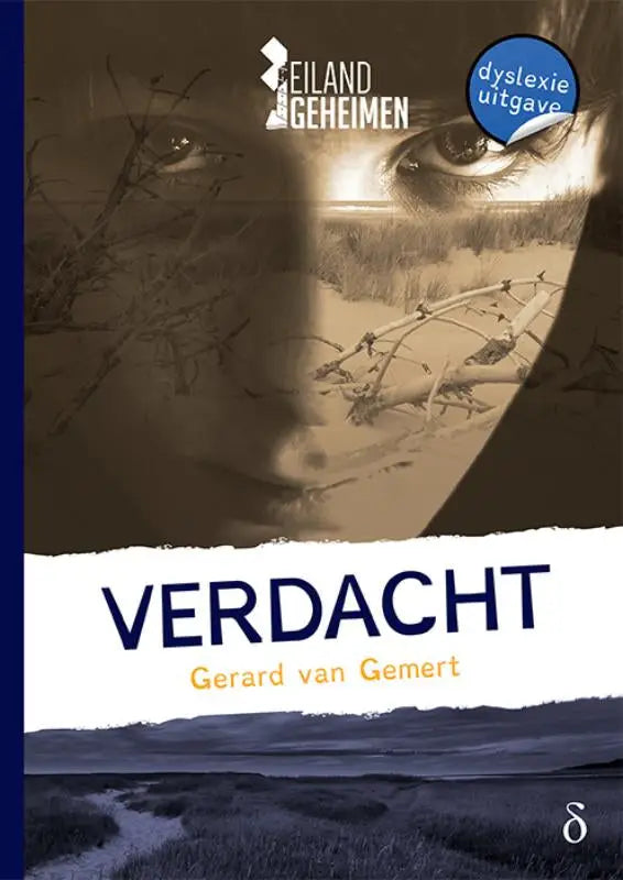Boekcover van verdacht door gerard van gemert met sepia gezicht en prikkeldraad voor serie eilandgeheimen deel 3