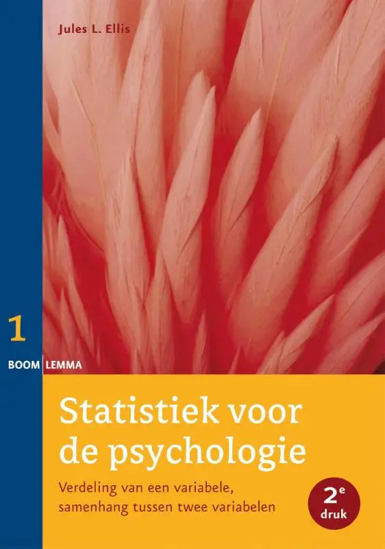 De boekcover toont een rood-roze veertextuur met de titel statistiek voor de psychologie op een oranje band over twee variabelen