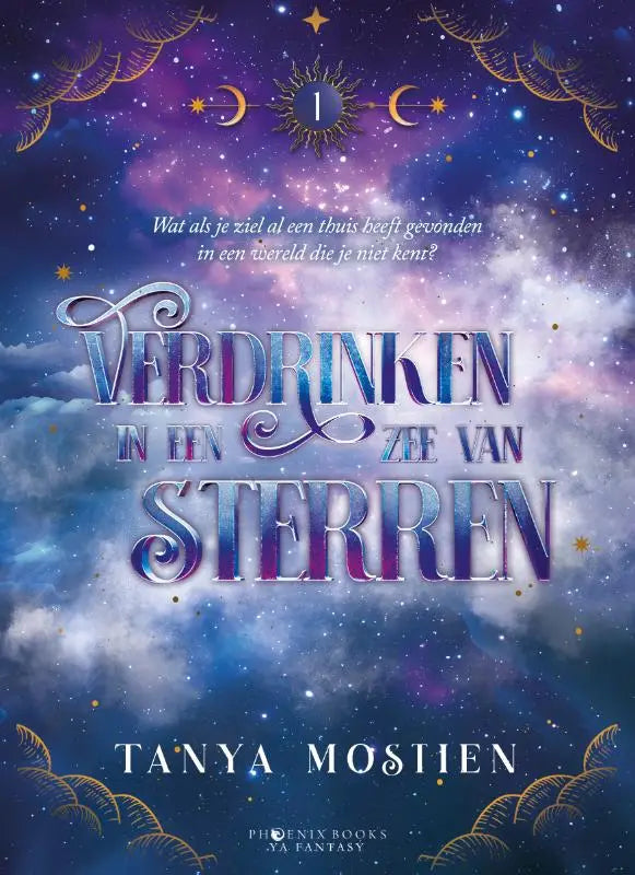 De boekcover van verdrinken in een zee van sterren door tanya mostien toont een kosmische achtergrond met paarse tinten en gouden manen en sterren