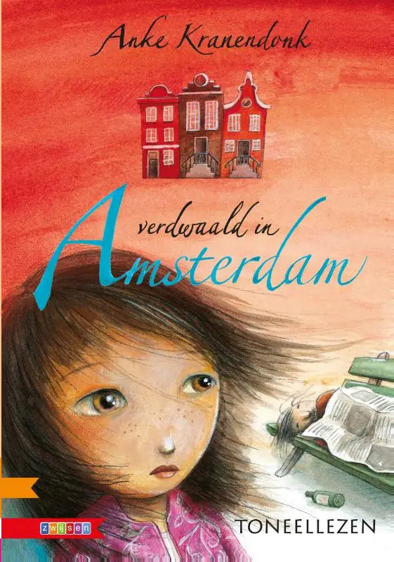 De boekcover van verdwaald in amsterdam toont een aquarel van een meisje met een roze jas tegen een oranje rode lucht door anke kranendonk