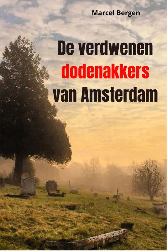 De verdwenen dodenakkers van Amsterdam boek met mistige begraafplaats, oude boom en grafstenen onder gouden hemel