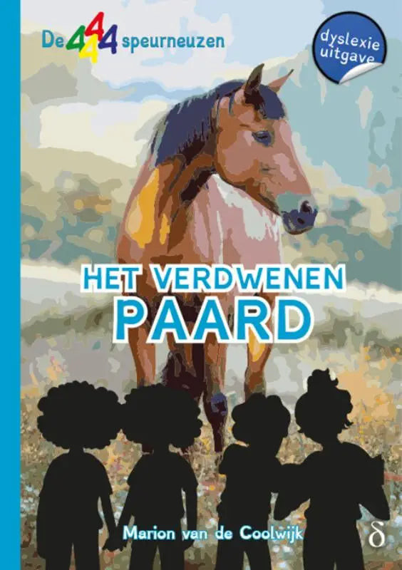 Een gestileerde illustratie van een bruin paard met een donkere manen en witte tekeningen voor het verdwenen paard