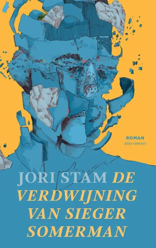 Blauwe geïllustreerde boekomslag met gefragmenteerd gestileerd gezicht op gele achtergrond voor sieger somerman