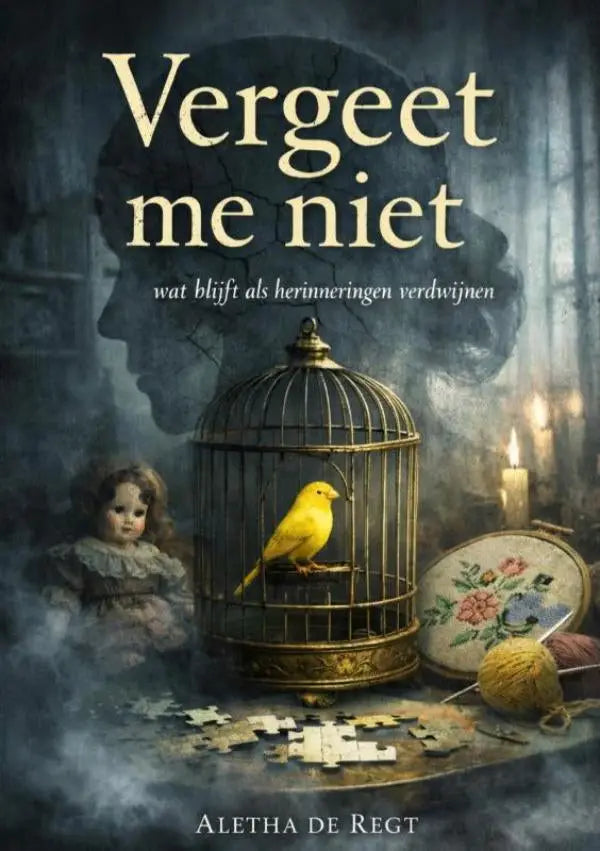 Een gouden vogelkooi met ingewikkeld metaalwerk bevat een heldere gele kanarie in vergeet me niet herinneringen verdwijnen
