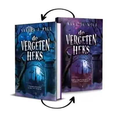 Hardcover boeken de vergeten heks met donkerblauwe en paarse omslagen en mysterieus gloeiend cirkeldesign