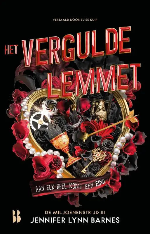 Boekcover van het vergulde lemmet door jennifer lynn barnes met gouden hart, rode en zwarte rozen en parels op zwarte achtergrond