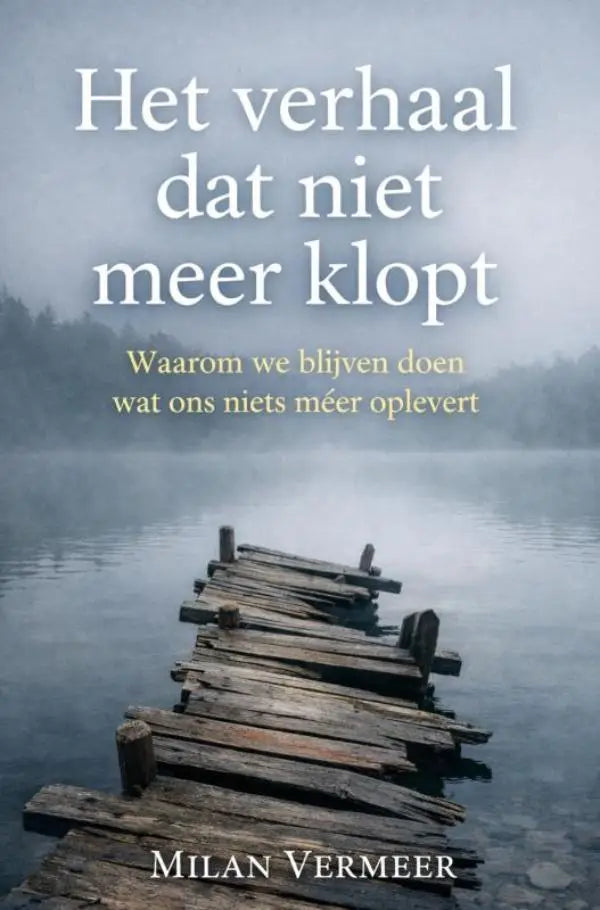 Het boek Het verhaal dat niet meer klopt van Milan Vermeer toont witte serif letters op een mistige houten pier achtergrond