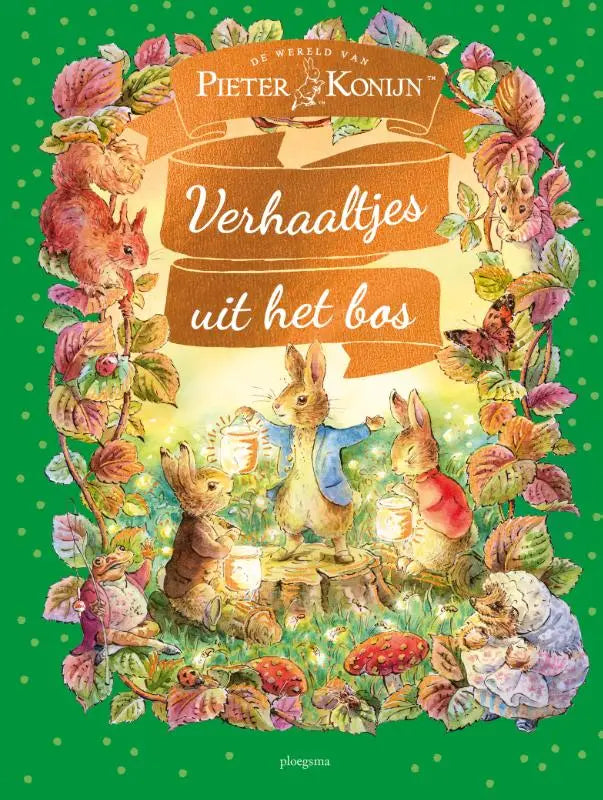 Kleurrijke kinderboekencover met peter konijn en vrienden in een herfstbos voor jonge lezers verhaaltjes uit het bos