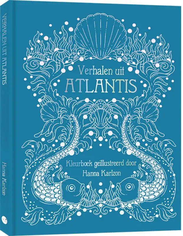 Blauw hardcover kleurboek geïllustreerd door hanna karlzon met witte zee thema illustraties verhalen uit atlantis