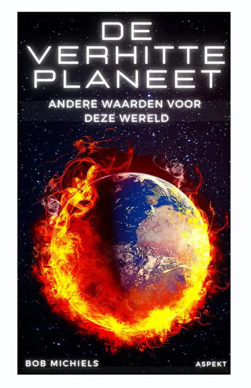 Boekcover van verhitte planeet met vurige aardbol en oranje gele vlammen voor andere waarden product