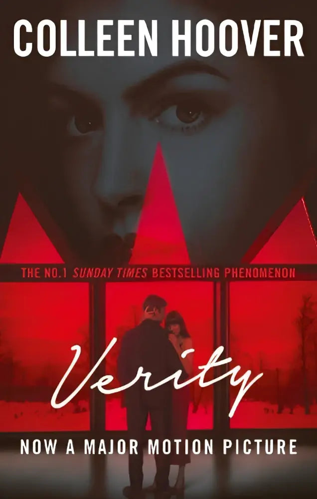 De boekomslag van Verity film editite van de twisty thriller dat je wakker houdt met elegante witte letters op rood zwart