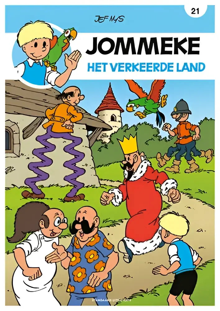 De cover van het jommeke stripboek het verkeerde land toont een kleurrijke cartoonillustratie met personages