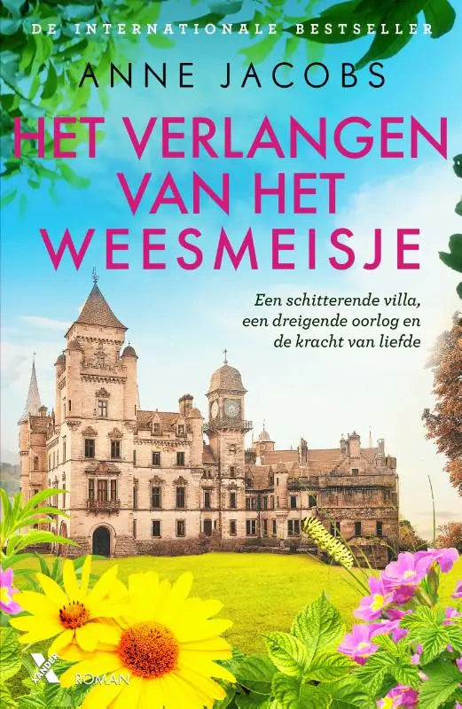 Het boekcover van het verlangen van het weesmeisje toont een groot stenen kasteel met torens onder een blauwe lucht