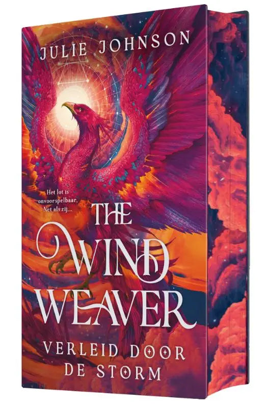 Een levendig hardcover boek the wind weaver met een rode feniksillustratie tegen vurige oranje en paarse luchten