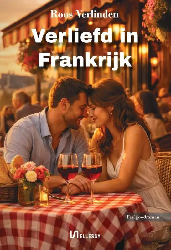 Romantische boekcover verliefd in frankrijk met koppel aan een kaarslichtcafé in avondlicht en bloemendecoratie