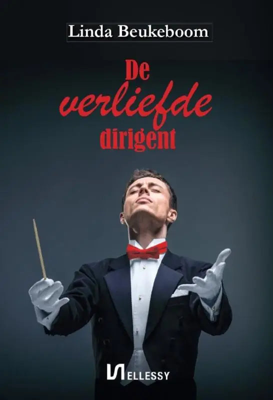 Man in zwart smoking met rode strik en witte handschoenen houdt dirigeerstok vast in product verliefde dirigent