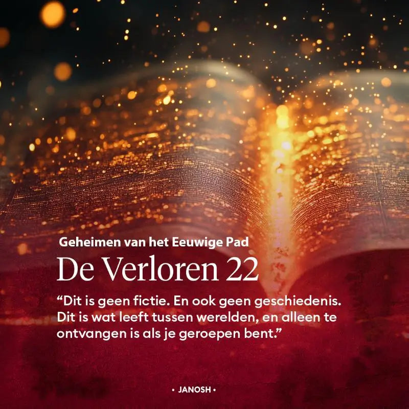 Een open boek van de verloren 22 met gouden fonkelende tekst en stralende gloed over het eeuwige pad