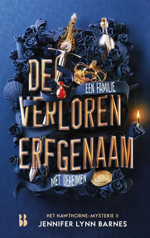 De verloren erfgenaam boekcover met goudkleurige letters op blauw achtergrond en donkere rozen door jennifer lynn barnes
