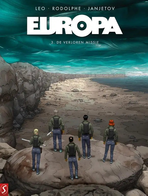 De cover van de europa comic book verloren missie met vijf personages in groene jassen op een rots onder een ijsachtige hemel