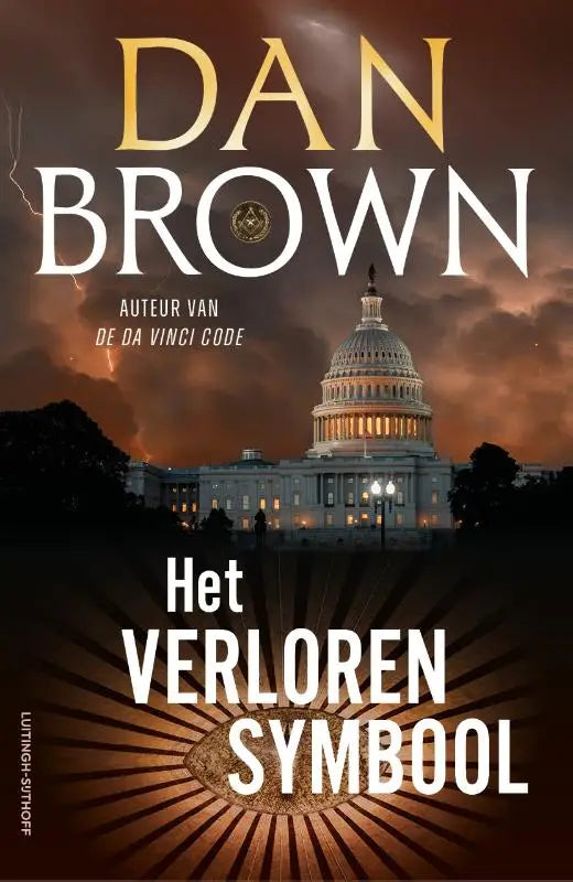 De cover van dan browns boek het verloren symbool toont een dramatische stormachtige lucht boven het verlichte witte huis