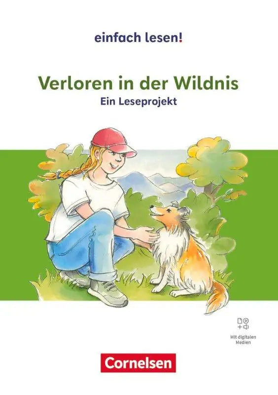 De cover van het kinderboek verloren in der wildnis toont een meisje met rode pet naast een collie in een groene omgeving eenvoudig lezen taalkundig vereenvoudigd bobbie pyron