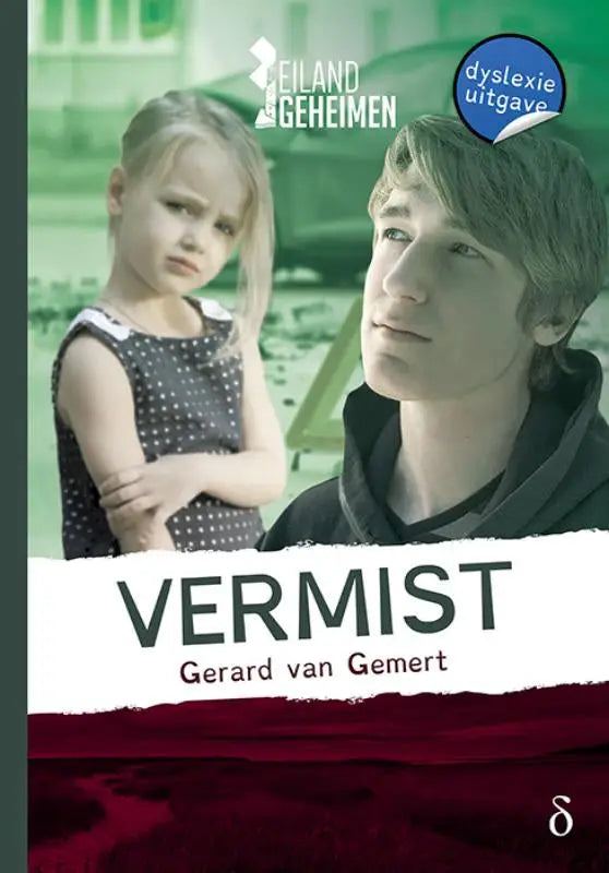 De boekcover van vermist serie eilandgeheimen deel 2 toont een meisje in een zwart wit gestipte jurk naast een jongen