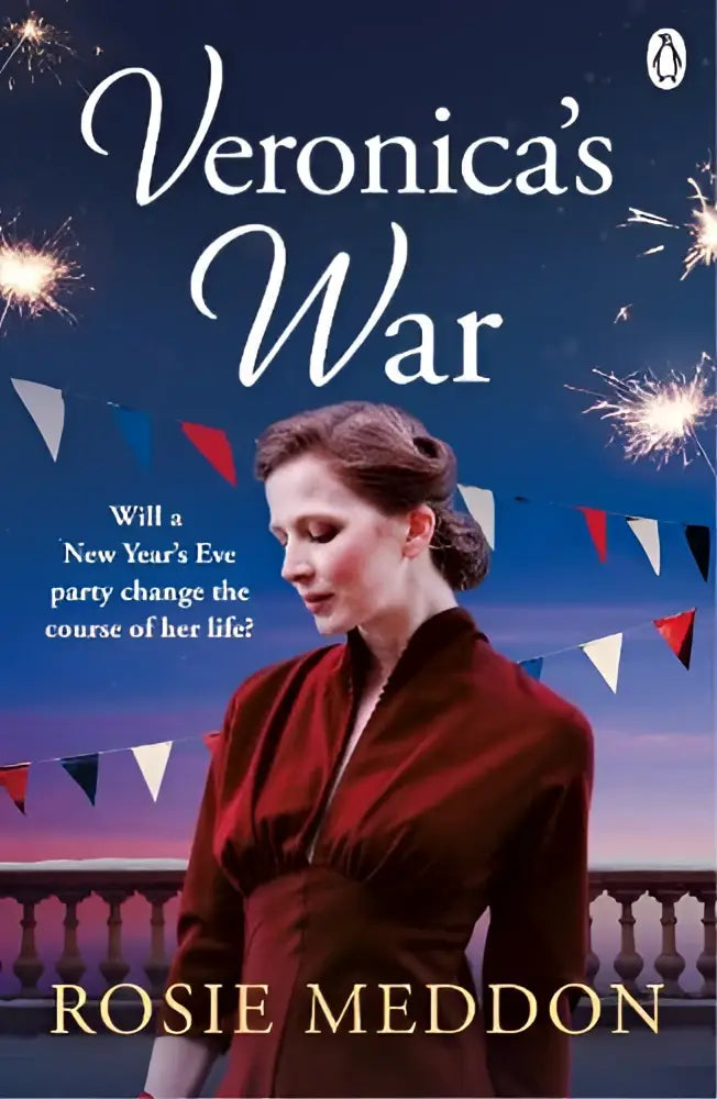 The book cover of veronica’s war by rosie meddon shows a woman in a burgundy velvet dress against a twilight sky with bunting by michael joseph