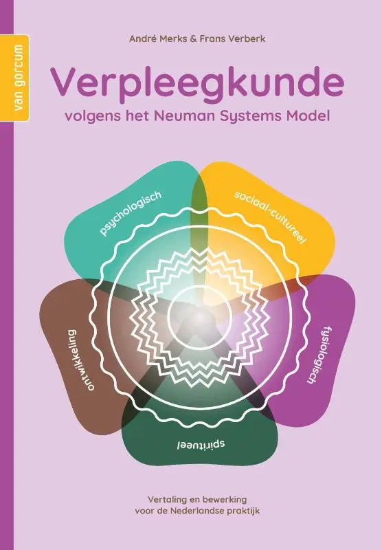 Paars en groenboekover met circulair diagram en vijf gekleurde segmenten getiteld verpleegkunde volgens het neuman systems model