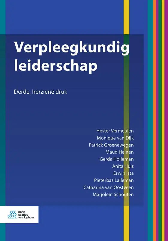 Blauw hardcover boek verpleegkundig leiderschap met verticale multikleurige streep door anita huis en erwin ista