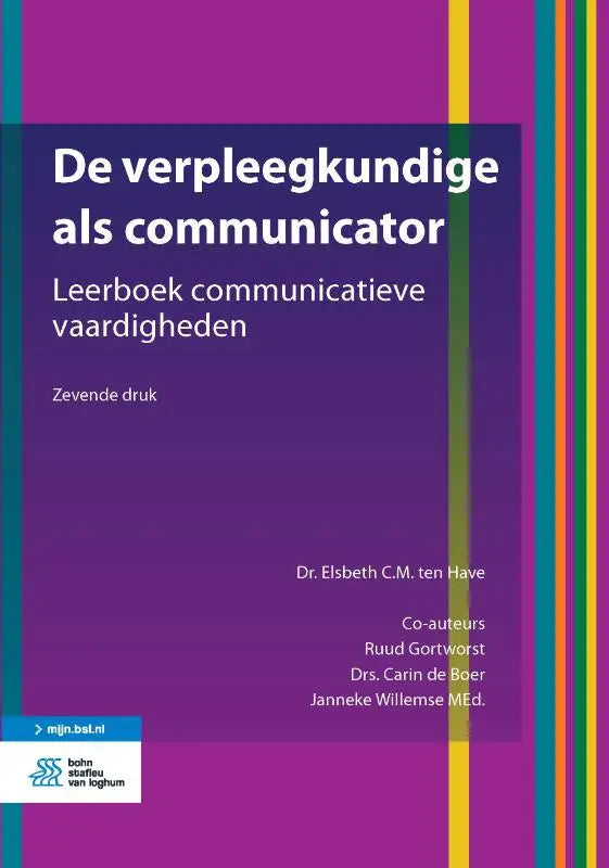 Paars boekcover van de verpleegkundige als communicator met verticale strepen en bsl media van ten have janneke willemse