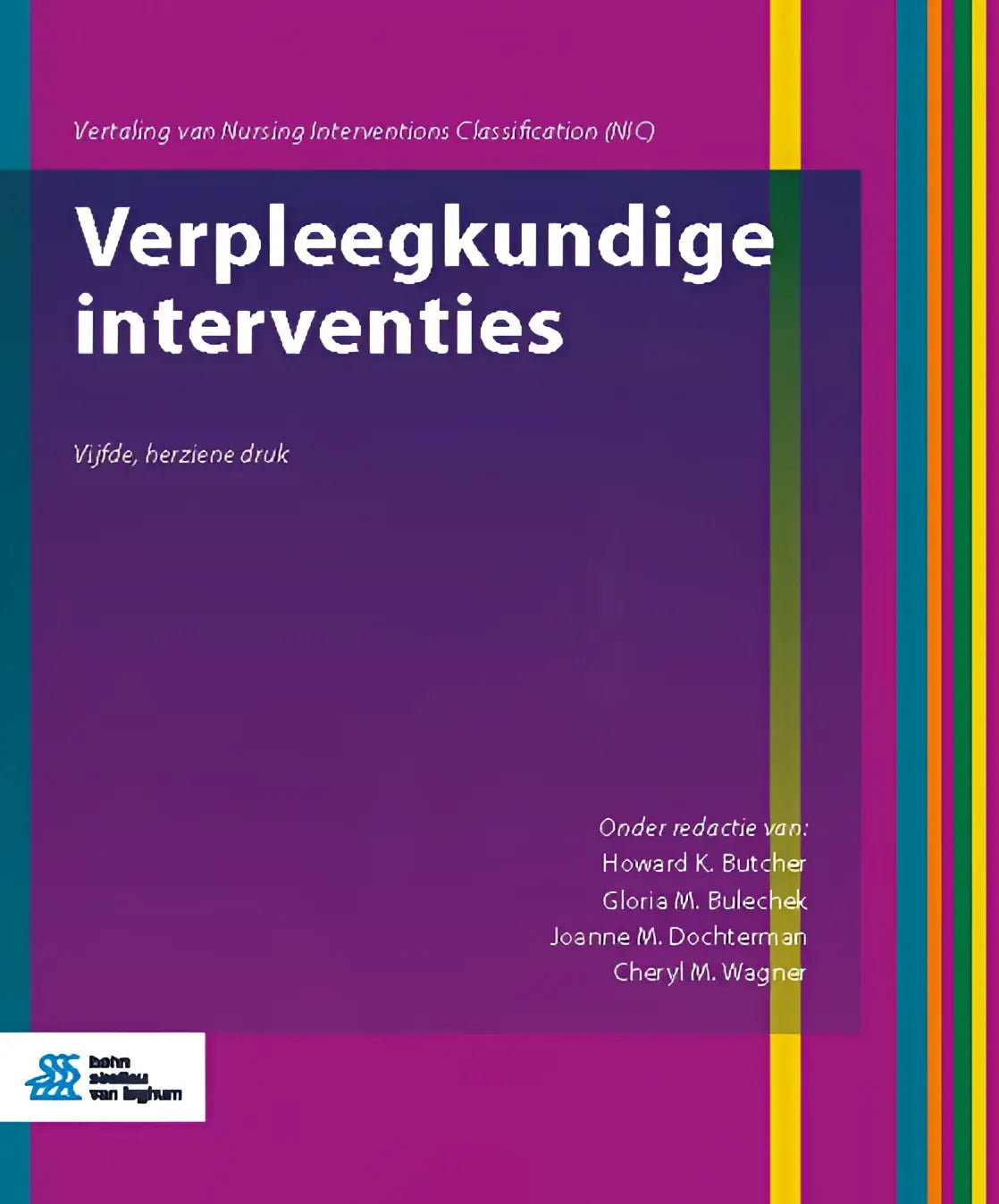 Paars boekcover verpleegkundige interventies met witte titel en kleurige strepen bsl media